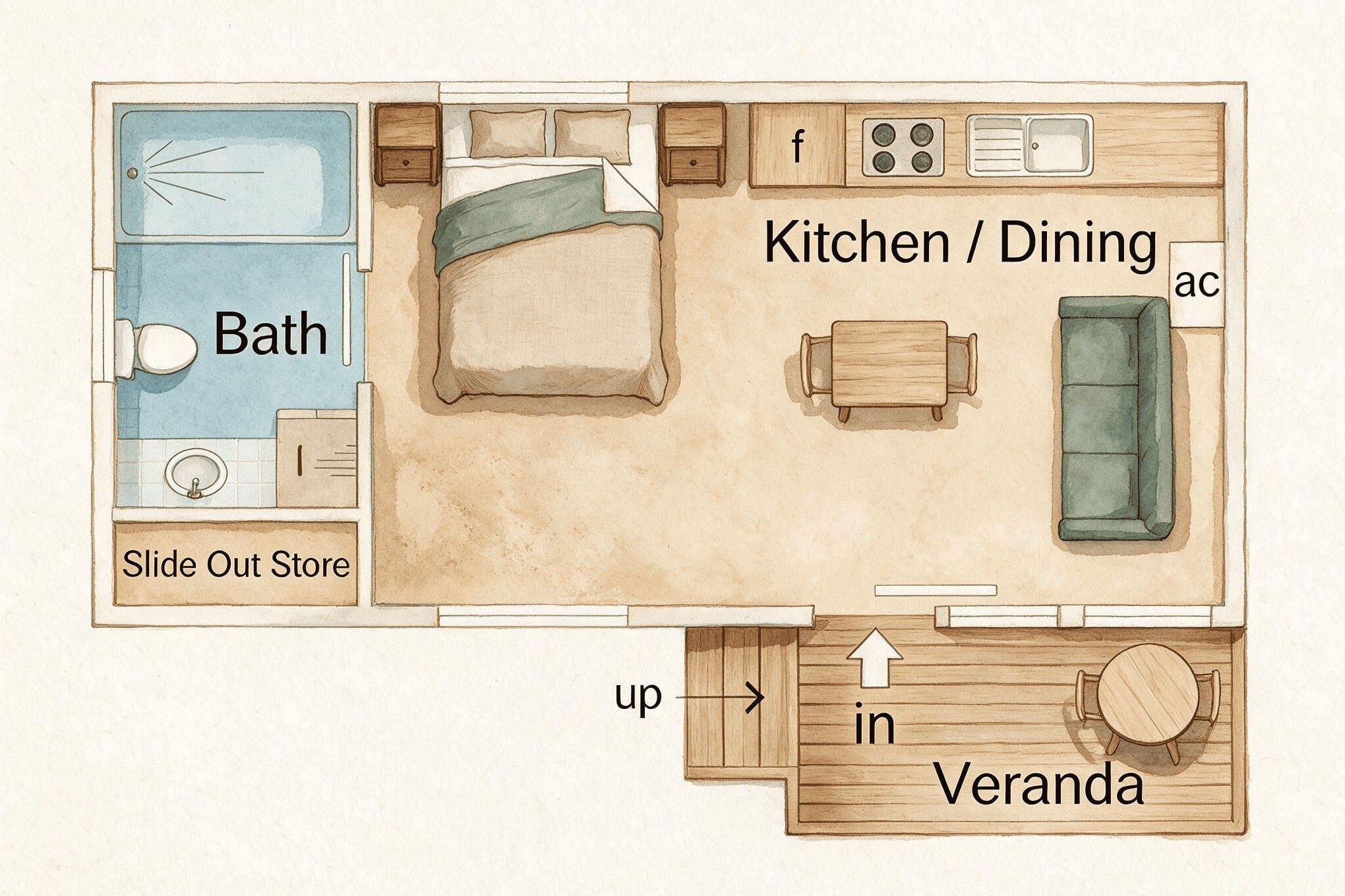 A watercolor-style floor plan showing the layout of the Brooman Cabin.