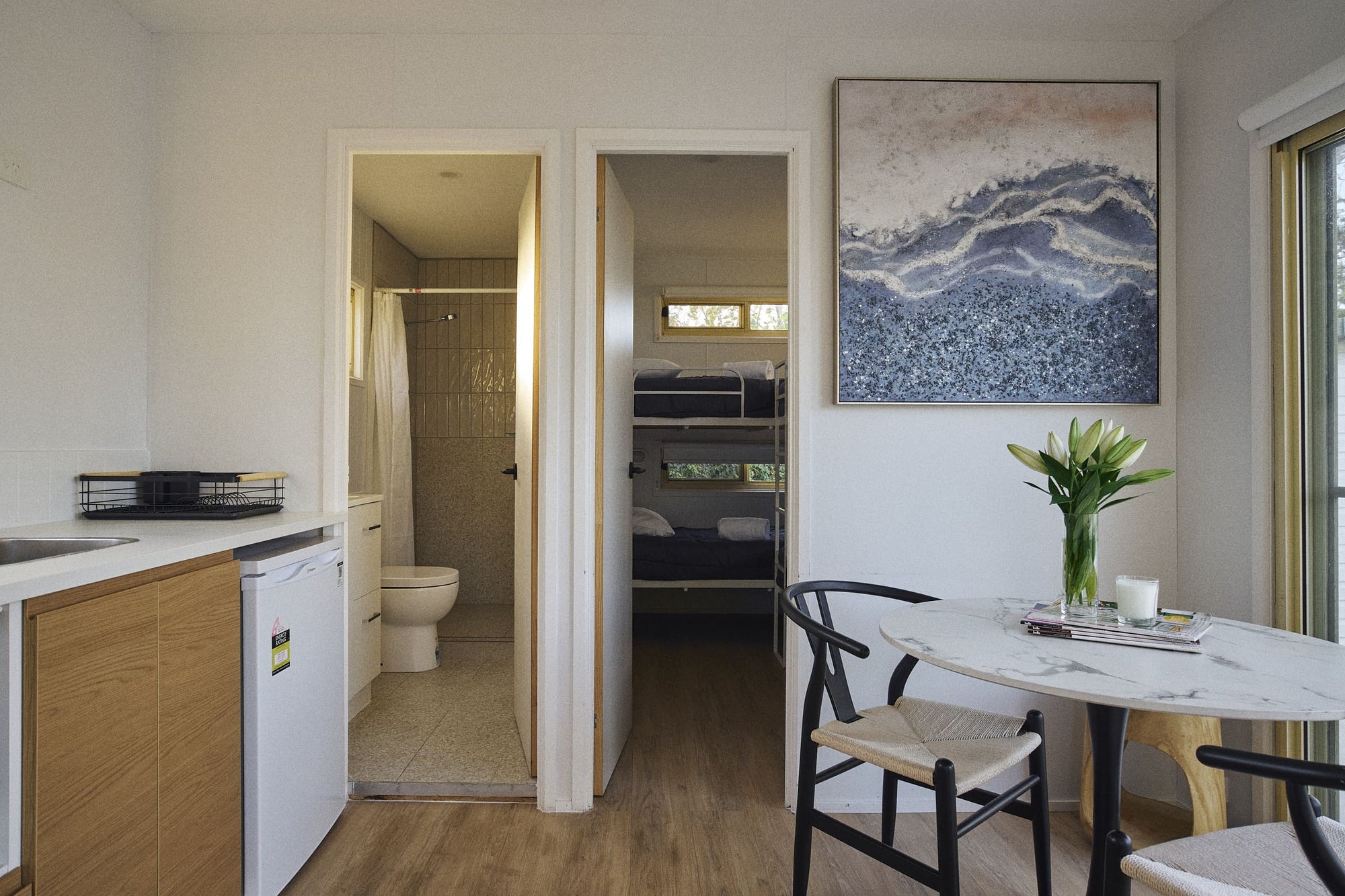 Open-plan living area in Clyde B Cabin.