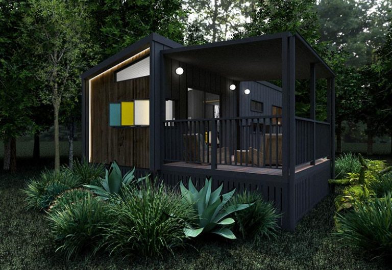 Pebbly Tiny Homes Cabin exterior with covered outdoor seating.