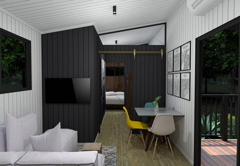 Open-plan living in Pebbly Tiny Homes Cabin