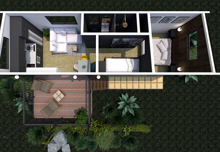 Aerial-style floor plan showing the layout of the Pebbly Tiny Homes Cabin