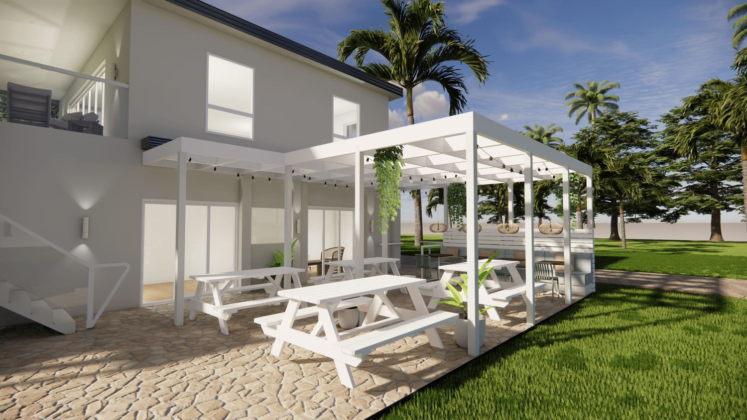 Artist's impression of the new clubhouse exterior with white pergola and outdoor furniture at The Mook Mollymook.