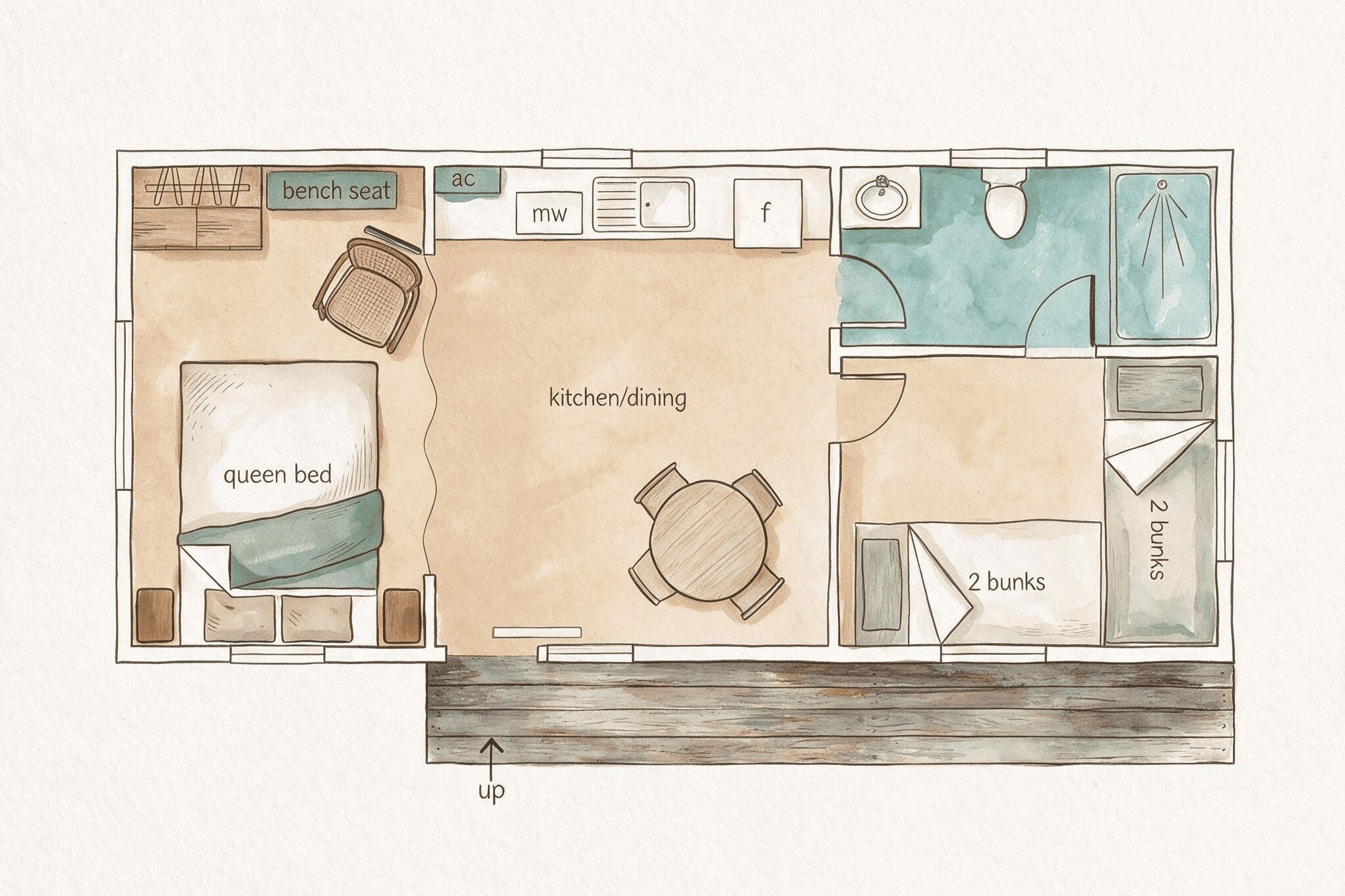 A watercolor-style floor plan showing the layout of the Clyde B Cabin.