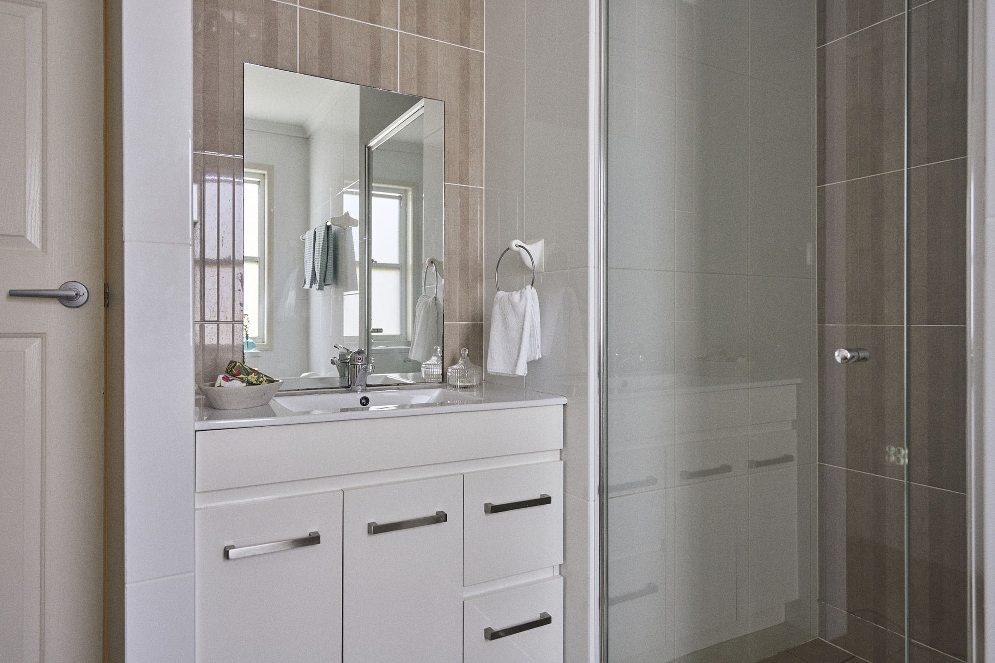 Bathroom vanity and shower in Currowan House.