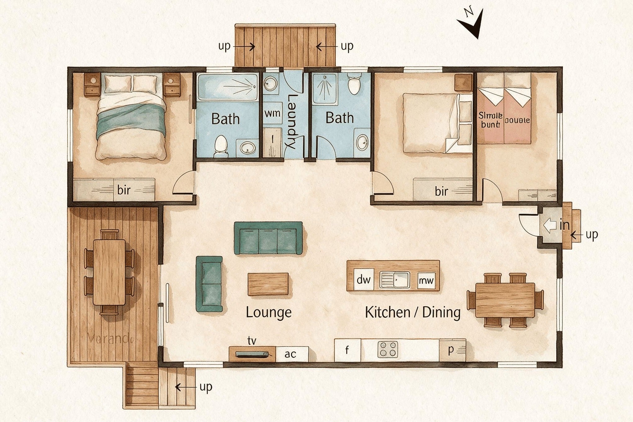 A watercolor-style floor plan showing the layout of the Currowan House.