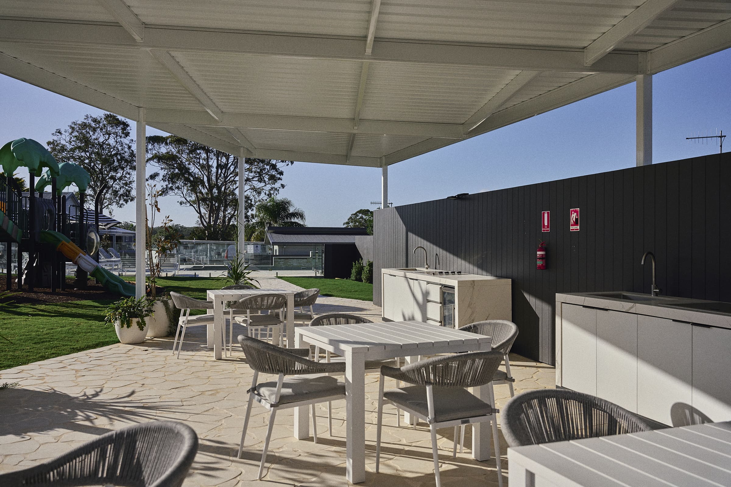 Covered BBQ area with seating close up at The Mook Mollymook.