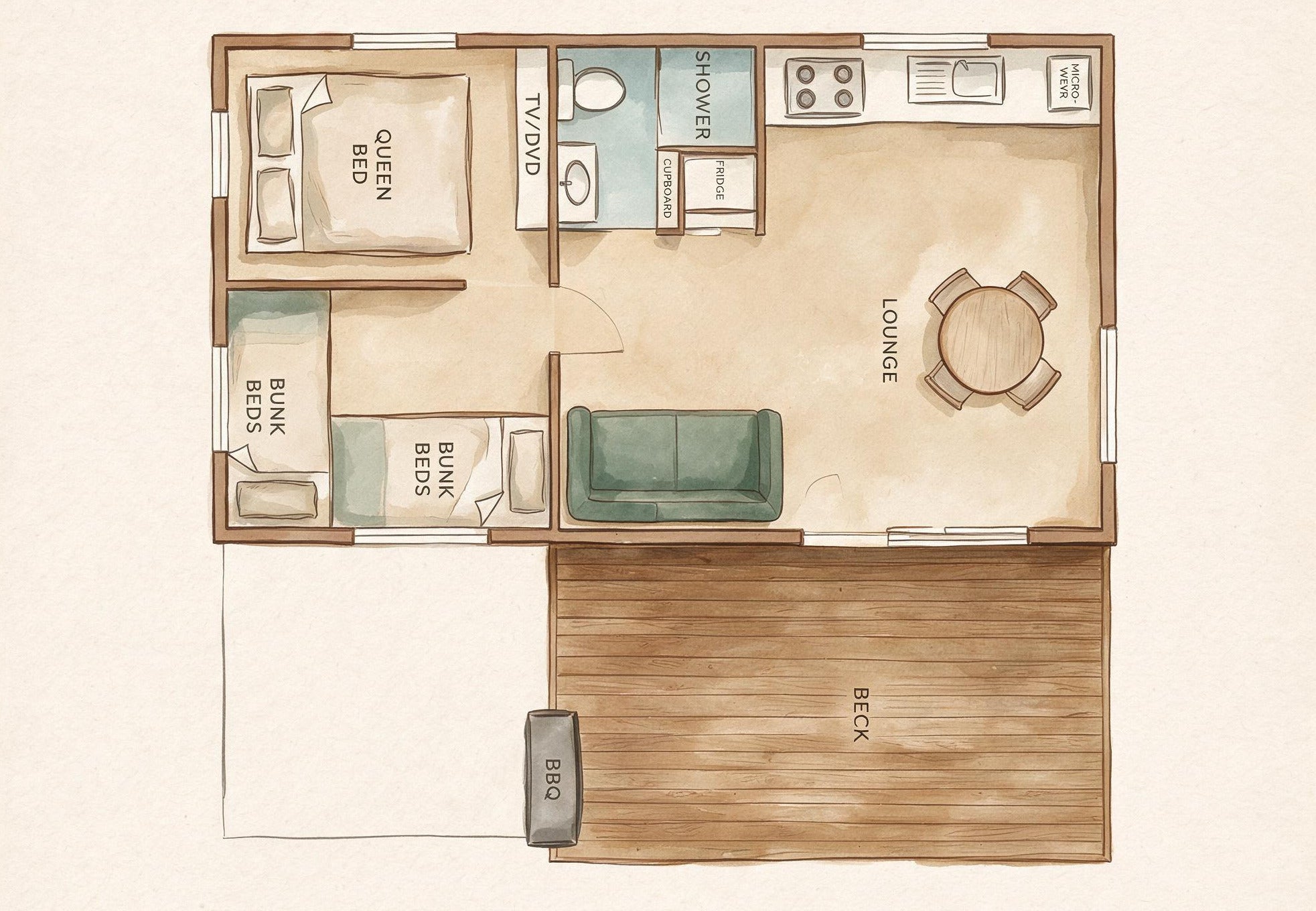 A watercolor-style floor plan showing the layout of the Jerrawangala Cabin.