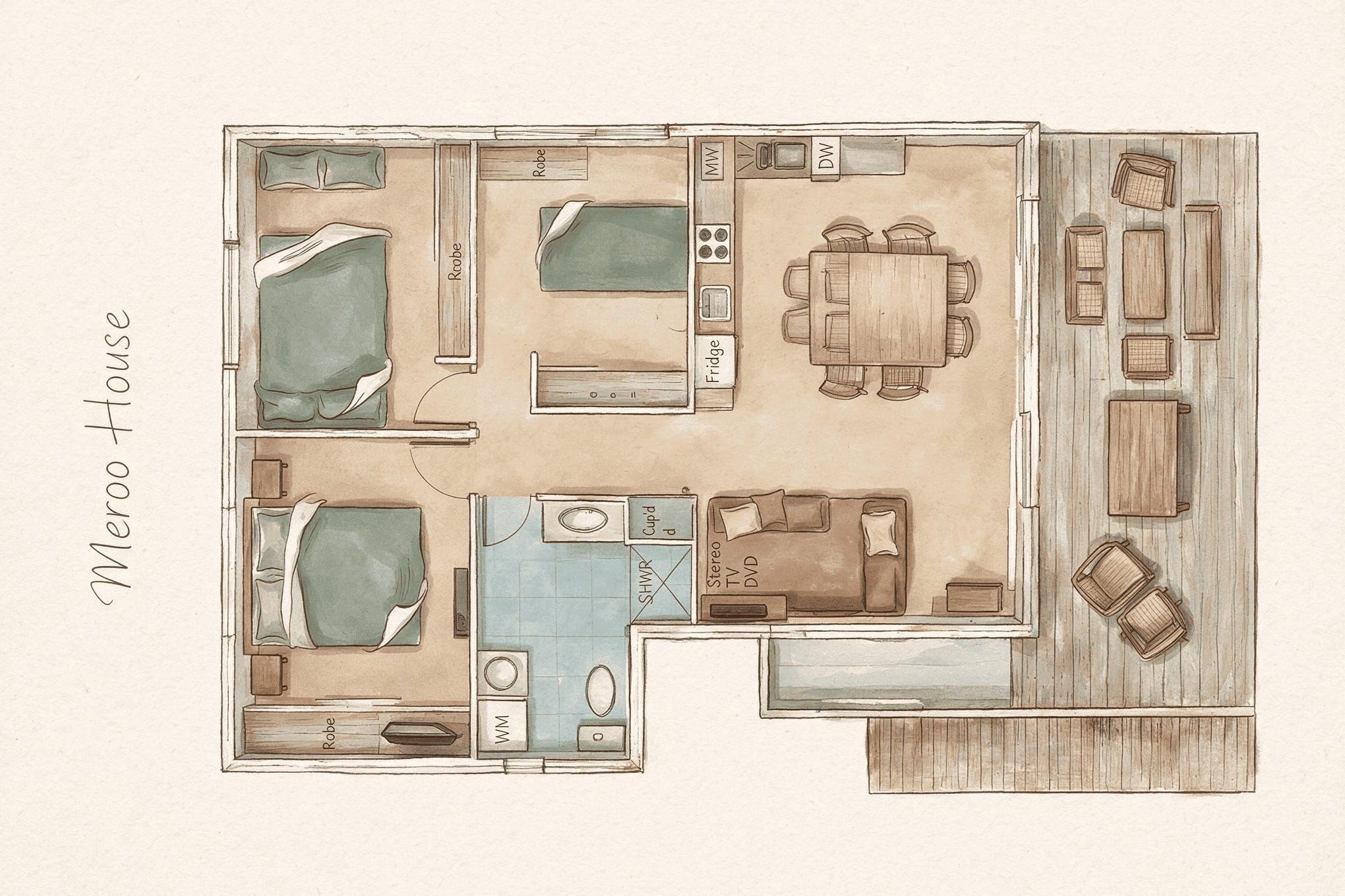 A watercolor-style floor plan showing the layout of the Meroo House.