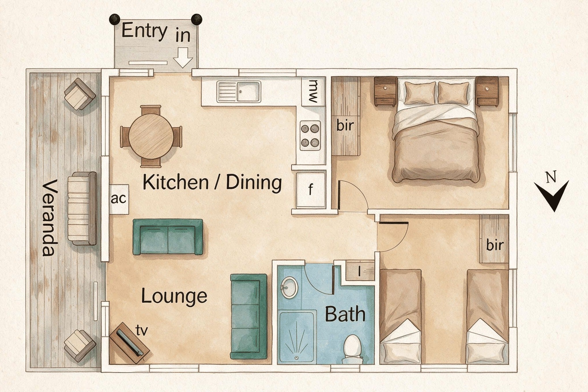 A watercolor-style floor plan showing the layout of the Morton B 53 House.