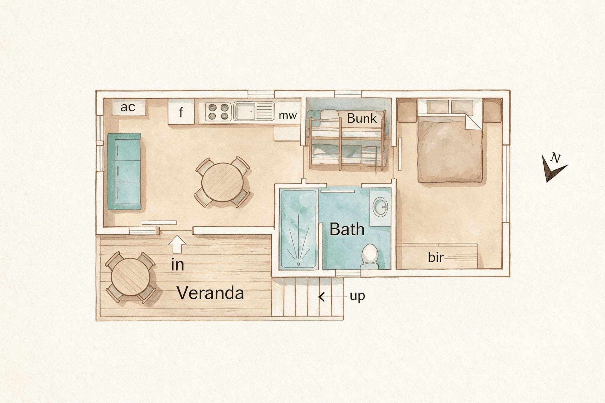 A watercolor-style floor plan showing the layout of the Morton A Cabin.