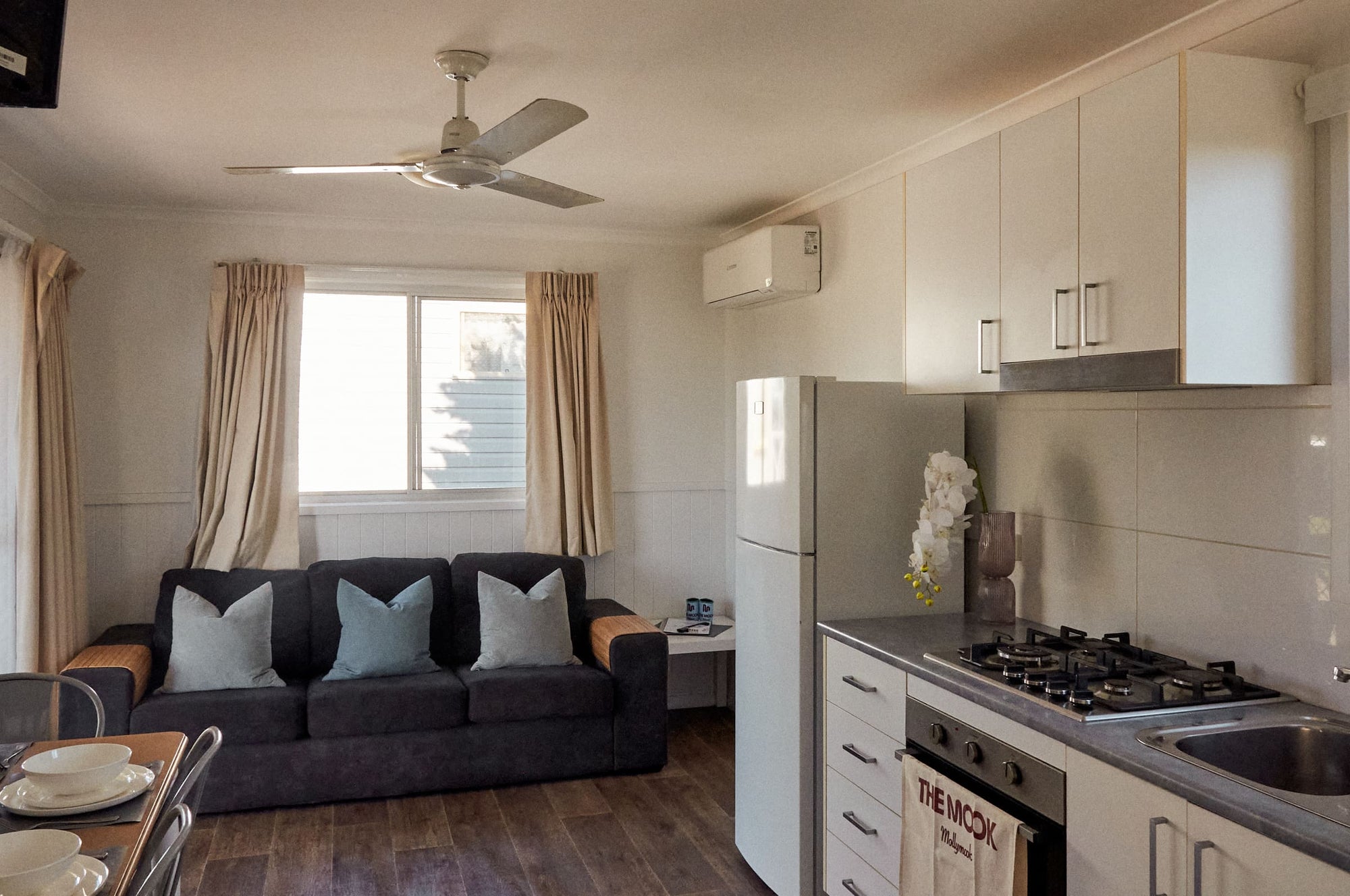 Open-plan living area in Morton A Cabin.