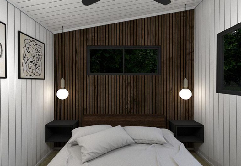 Main bedroom with queen bed in Pebbly Tiny Homes Cabin.