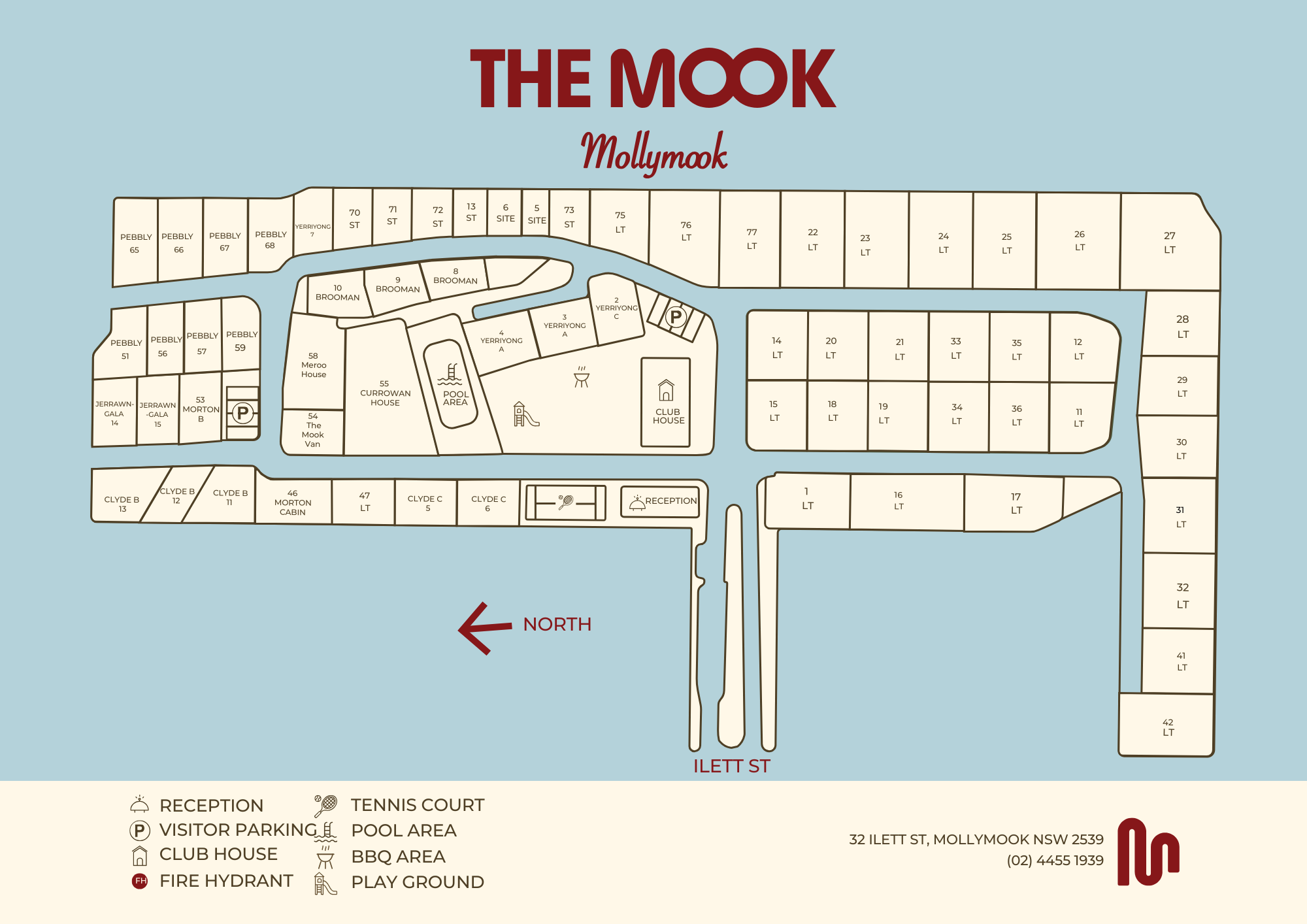 Park map of The Mook Mollymook showing accommodation, facilities and residences.