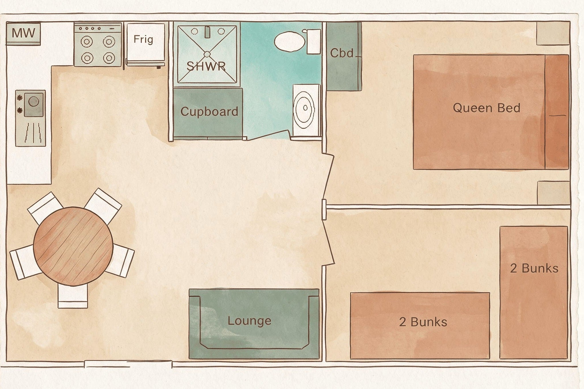 A watercolor-style floor plan showing the layout of the Yerriyong A Cabin.