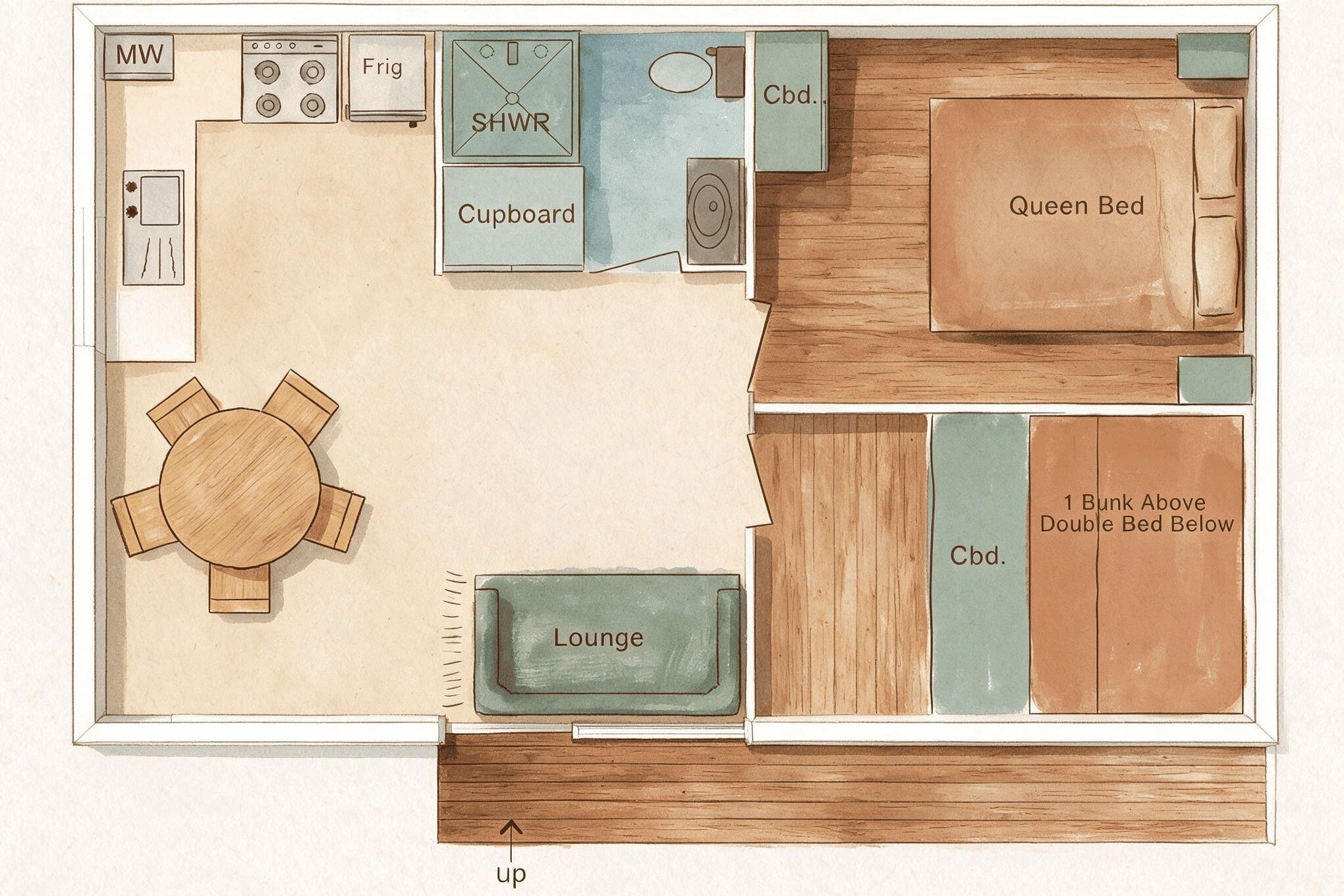 A watercolor-style floor plan showing the layout of the Yerriyong C Cabin.